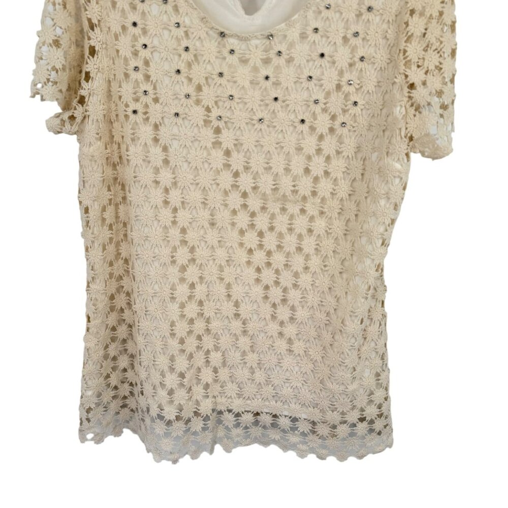 Dressbarn Women's size XL ivory Floral Lace Top  Rhinestone short sleeve - Picture 6 of 11